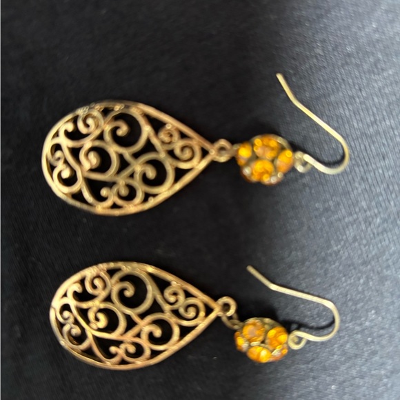 Gold Teardrop Filigree Earrings with Amber Crystal - Picture 1 of 3